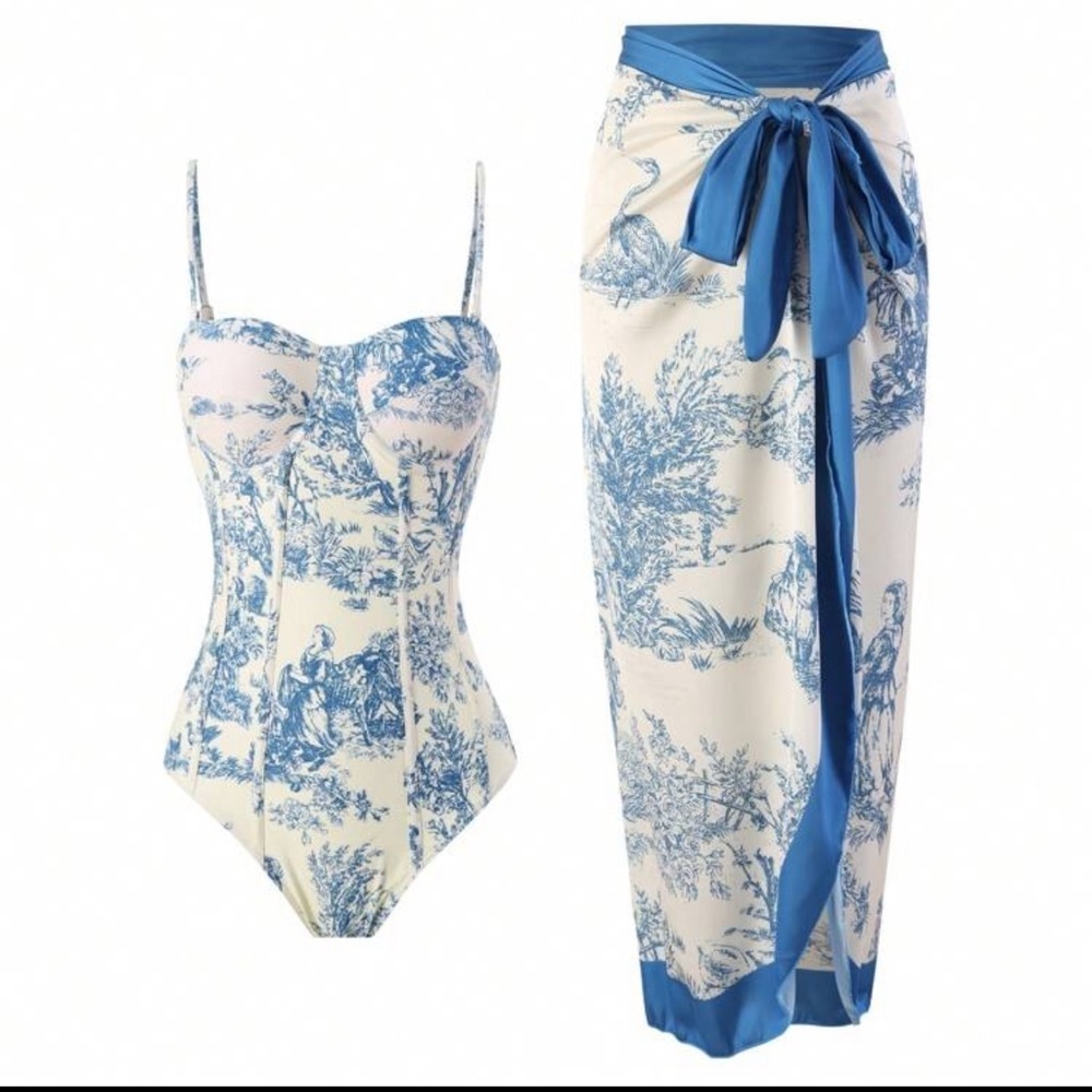 Blue and White Toile Print Bodysuit/swimsuit and Skirt Set